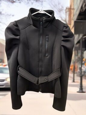 Zara Black Puff Sleeve Belted Bomber Jacket